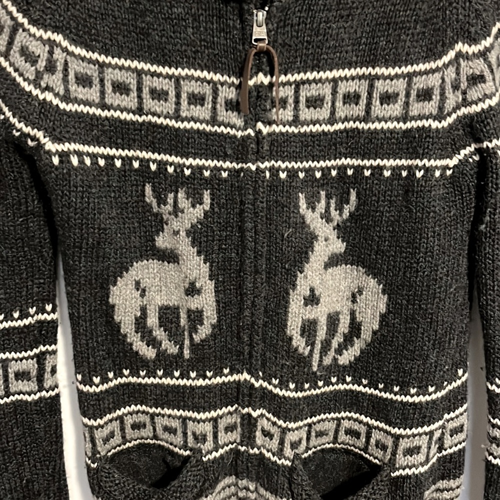 TNA: Cozy Black and Gray Zip Shawl Collar Sweater with Reindeer Motif. Sz L. - Picture 3 of 8